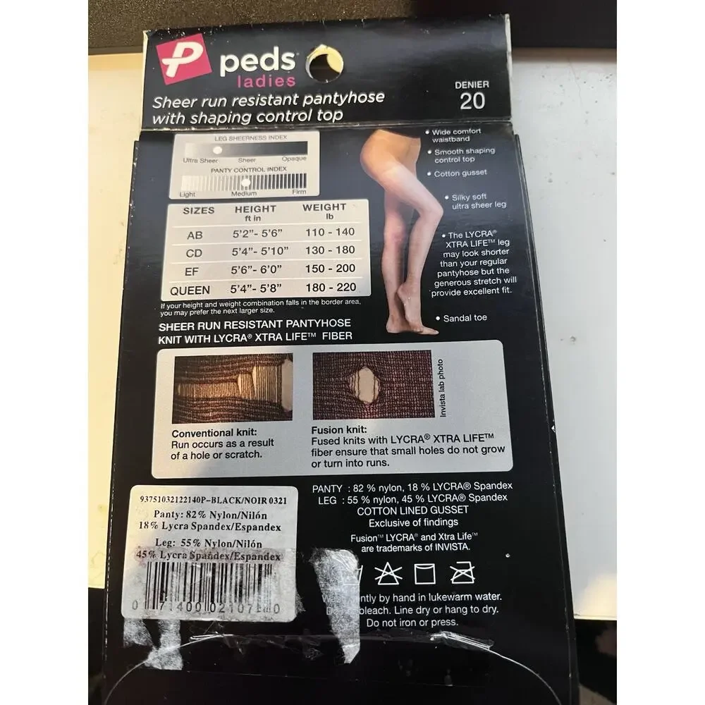 Peds Queen Size Black Ultra Sheer Control Top Pantyhose NIP New
